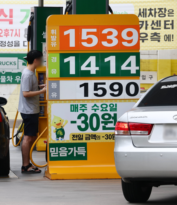 휘발유 9주·경유 10주째 판매가격 하락 - 이번 주에도 국내 주유소 휘발유와 경유 판매 가격이 동반 하락한 것으로 나타난 2일 서울 시내의 한 주유소 모습. 지난 1일 한국석유공사 유가정보시스템에 오피넷에 따르면 6월 넷째 주(25~29일) 전국 주유소 휘발유 평균 판매 가격은 전주보다 3.7원 하락한 ℓ당 1572.1원, 경유 판매 가격은 전주보다 4.9원 내린 1382.7원으로 집계됐다. 2023. 7. 2. 연합뉴스