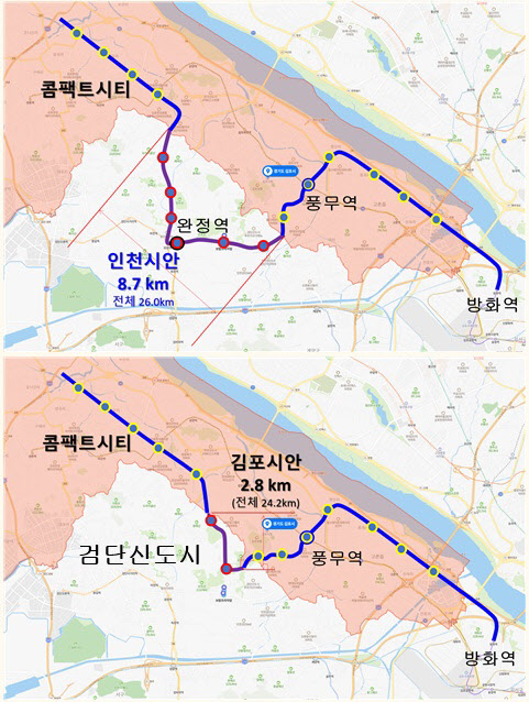 검신총연이 제시한 서울지하철 5호선 연장선 노선안. 위쪽 노선도가 인천시안이고 아래쪽 노선도가 김포시안이다. 지도에서 주황색 부근이 김포시 땅이다. (자료 = 검신총연 제공)