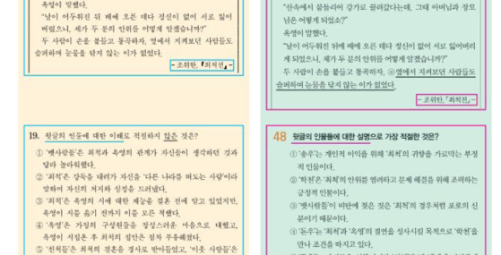 지난해 수능 국어 일반문항(좌)과 A사 모의고사(우) 비교 홍보물. 조위한의 최척전에서 똑같은 지문과 함께 유사한 문제가 출제됐다 〈사진=A사 홍보물〉