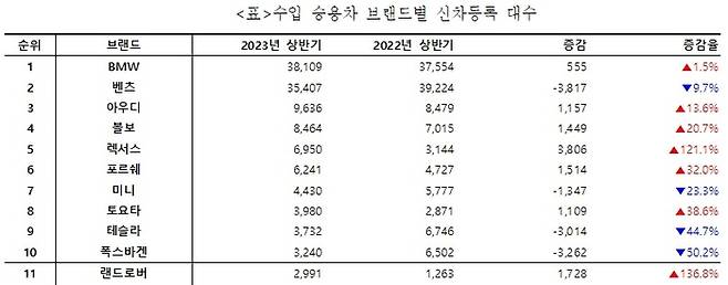 상반기 수입 승용차 브랜드별 신차등록 대수. 카이즈유데이터연구소 제공