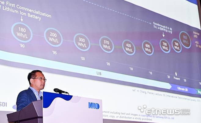 세계 3대 나노 행사이자 국내 최대규모 나노 분야 연구자와 나노융합기업의 교류·협력의 장 나노코리아 2023이 5일 경기 고양시 킨텍스에서 열렸다. 장혁 삼성SDI 부사장이 '궁극의 리튬 이온 배터리 및 그 이상을 위한 나노 소재의 중요성'을 주제로 기조강연 하고 있다. 이동근 기자 foto@etnews.com