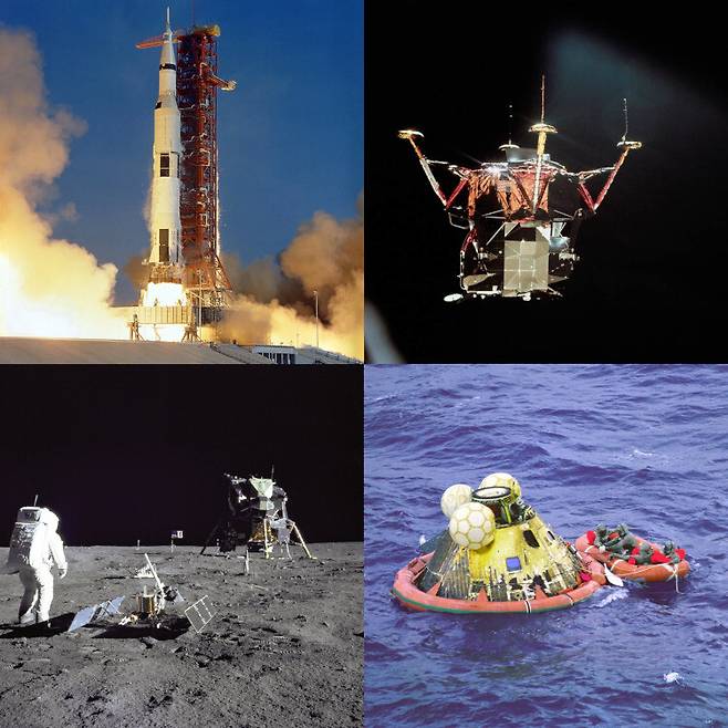 아폴로 11호의 달 탐사 과정. 아폴로 11호 발사 장면(왼쪽 위), 달 착륙 전 사령·기계선에서 달 착륙선이 분리된 장면(오른쪽 위), 우주인 올드린과 달 표면에 설치한 지진계(올드린 바로 옆)와 달 거리측정용 레이저 반사경(지진계 뒷 부분)(왼쪽 아래), 지구로 귀환해 태평양에 착수한 아폴로 11호 사령선(오른쪽 아래). 사진 출처: NASA