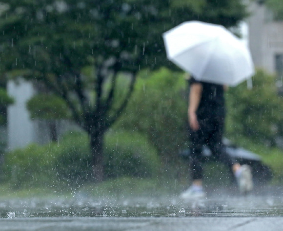 비가 내린 4일 오후 서울 종로구 광화문광장에서 시민들이 우산을 쓰고 이동하고 있다. [사진=뉴시스]