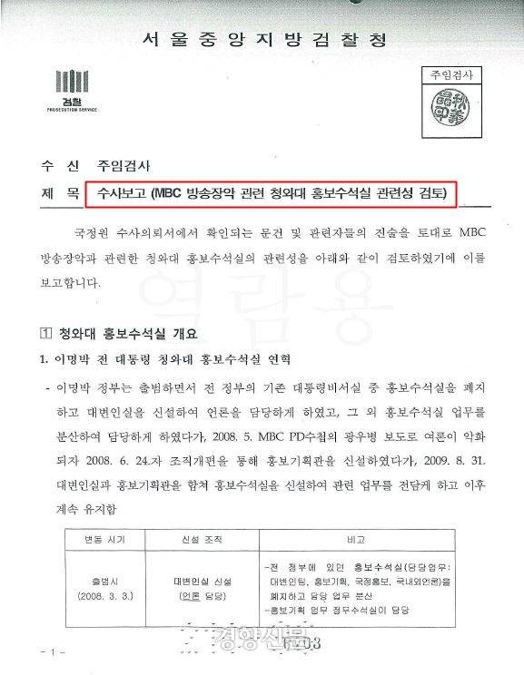 서울중앙지검 국가정보원 수사팀이 2017년 11월5일 작성한 ‘MBC 방송장악 관련 청와대 홍보수석실 관련성 검토’ 수사 보고서.