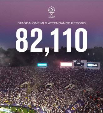 5일(한국시간) LA갤럭시와 LA FC가 미국프로축구 메이저리그(MLS) 한 경기 최다 관중 신기록을 작성했다. LA 갤럭시 SNS
