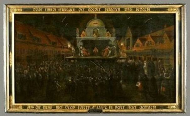 암스테르담 매드하우스 건립을 위한 1592년 야간 복권 추첨 (길리스 코이네 1세, 1592년) / 출처: 케임브리지 대학 & 핏츠윌리엄 박물관