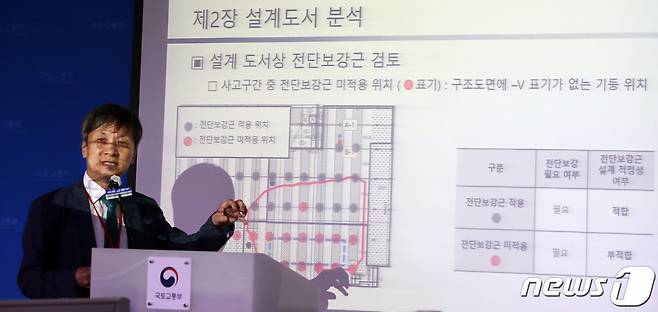 (세종=뉴스1) 김기남 기자 = 지난 4월 발생한 인천 서구 검단신도시 아파트 신축현장 지하주차장 붕괴사고 조사를 맡은 홍건호 건설사고조사위원장(호서대)이 5일 세종시 정부세종청사 국토교통부에서 원인 규명과 유사 사고 방지대책 등 사고조사 결과를 설명하고 있다.2023.7.5/뉴스1  Copyright (C) 뉴스1. All rights reserved. 무단 전재 및 재배포 금지.