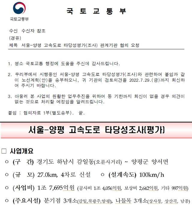 국토부가 지난해 7월 양평군에 보낸 타당성 검토 공문(위)과 첨부된 노선계획안 내용. 사업 개요에는 종점이 양평군 양서면으로 돼 있다. 더불어민주당 제공