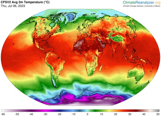 6일(현지시각) 전지구 지표면 대기 온도. ClimateReanalyzer.org