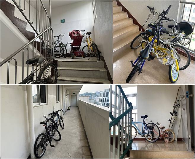 무단으로 적치한 자전거, 유아차, 대형 폐기물이 통행로를 가로막고 있다. [촬영 조서연]