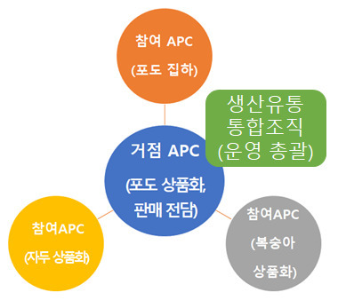 농산물산지유통센터(APC) 간 시설 출자 없이 운영만 통합하는 사례 모식도. 농림축산식품부