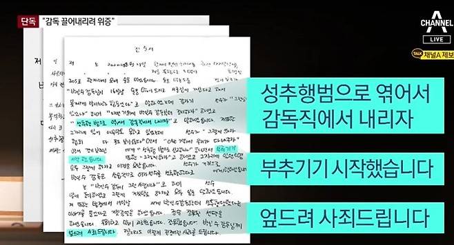 일부 대표팀 선수들은 진술서를 통해 위증한 사실을 실토했다. (채널A 갈무리)