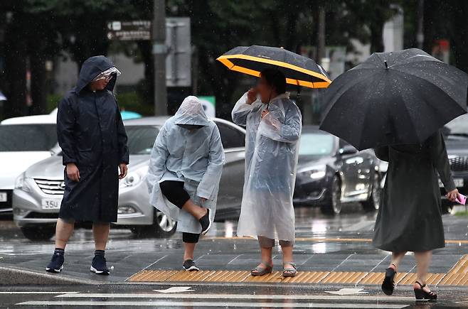 집중호우가 내린 11일 서울 종로구 광화문역 인근에서 시민들이 우비를 입고 횡단보도 신호를 기다리고 있다. /뉴스1