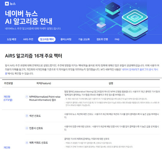 포털사이트 네이버가 지난 7월7일 개편한 '네이버 뉴스 AI 알고리즘 안내' 페이지 일부 갈무리.