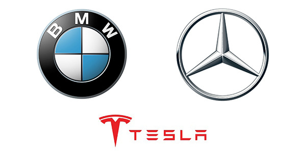 The logos of BMW, Mercedes-Benz, and Tesla [Courtesy of each company]