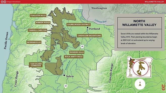 북부 윌라맷 밸리 서브 AVA.&nbsp; &nbsp;&nbsp;출처 오리건 와인 보드