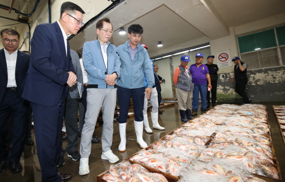 제주 수산물 관리 현장 방문한 조승환 해수부 장관 - 조승환 해양수산부 장관이 12일 새벽 제주시수협위판장을 찾아 수산물 안전관리 현장을 점검하고 있다. 뉴시스