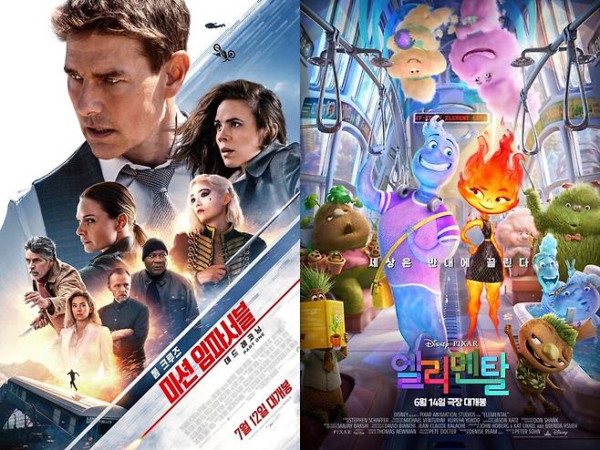 ▲ '미션 임파서블7', '엘리멘탈' 포스터. 제공| 롯데 엔터테인먼트, 월트디즈니컴퍼니 코리아