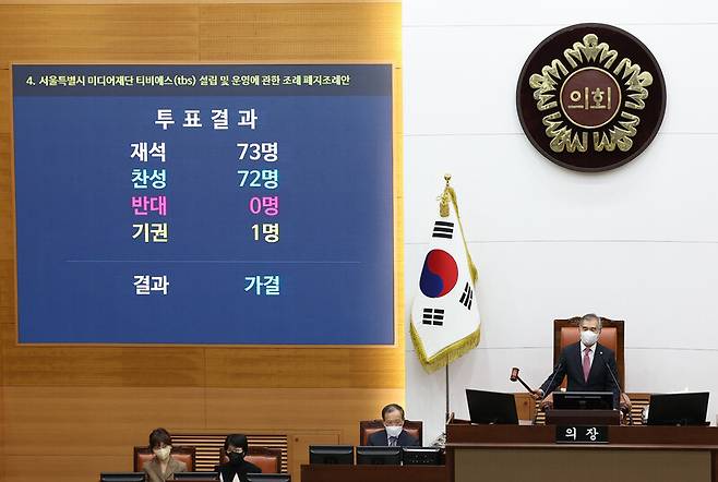서울시의회는 지난해 11월15일 서울시의 티비에스 출연금을 폐지하는 조례안을 가결했다. 연합뉴스