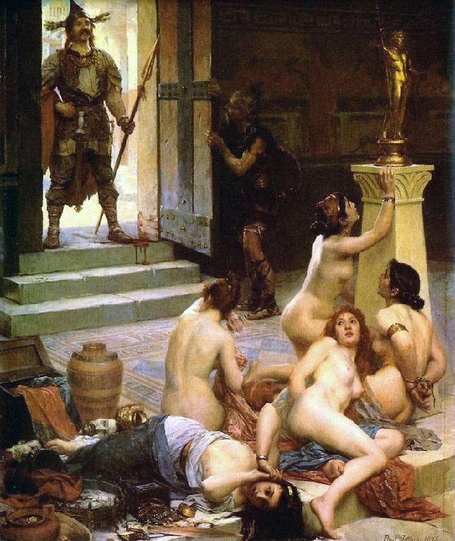프랑스의 화가 폴 자민이 1893년 그린 브레누스와 그의 전리품. 그는 로마로부터 큰 승리를 거두고 약탈을 자행한 인물로 묘사된다.
