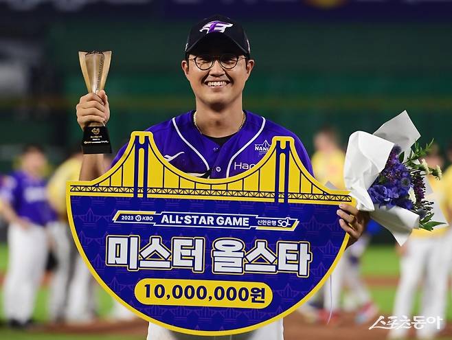 15일 부산 사직야구장에서 열린 ‘2023 신한은행 SOL KBO 올스타전’ 드림 올스타와 나눔 올스타의 경기에서 미스터올스타를 수상한 나눔 채은성이 기념 촬영을 하고 있다. 사직 | 주현희 기자 teth1147@donga.com