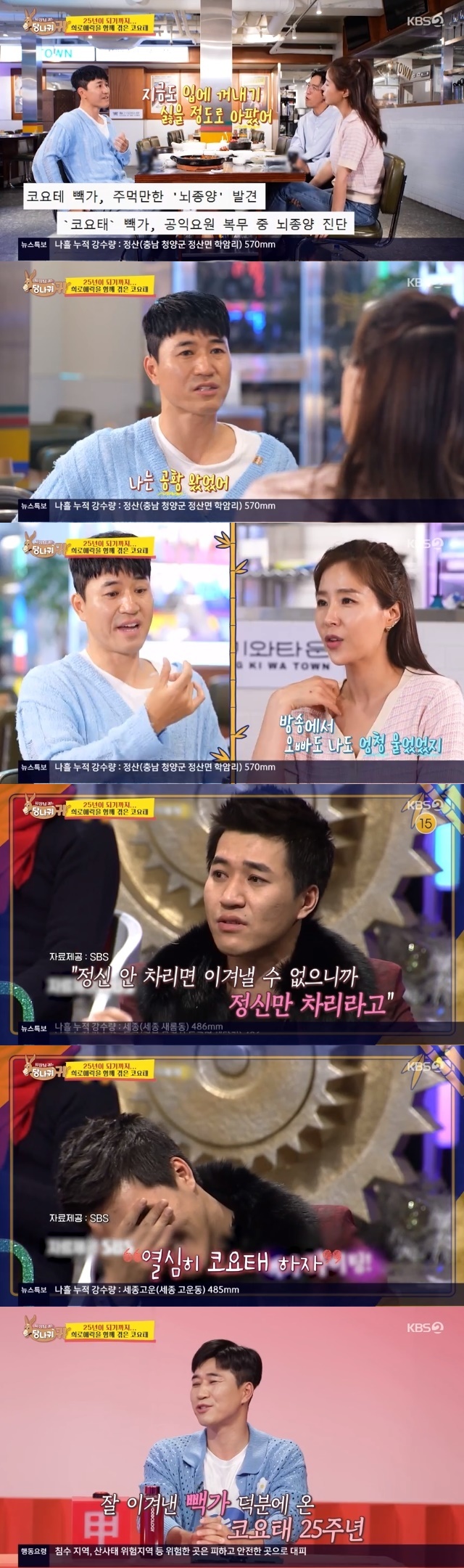Koyote Kim Jong-min recalled the past when he was struggling with group member Dongas battling disease.In the 216th episode of KBS 2TVs entertainment show Boss in the Mirror (hereinafter referred to as Donkey Ears), which aired on July 16, members of Koyote recalled the days when Donga battling disease with brain tumor.When Shin Ji mentioned the timing of Dongas brain tumor battling disease, Kim Jong-min confessed, It hurt so much that I still dont want to talk about it. I had a panic.Shin Ji recalled, My brother Jongmin is not a crying person on the air, but my brother and I also cried a lot in Strong Heart. Donga said that he could not see TV because he was in the hospital at the time.Donga, who had a brain tumor in his late 20s in 2009 and underwent surgery the following year. Kim Jong-min, who appeared in Strong Heart at the time, said, I also shouted when I called.If you dont get it together, youll never get over it, so just get it together, and well continue with Koyote. Lets get well soon and work hard on Koyote.