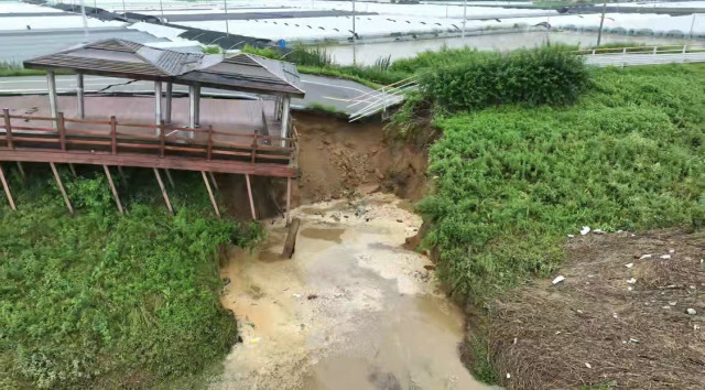 사흘째 이어지는 기록적인 폭우로 16일 오전 충남 논산시 성동면 우곤리 인근 금강 제방이 유실됐다. 사진은 금강과 우곤리 마을 사이에 놓인 제방이 무너져내리는 모습. 사진 제공=논산시