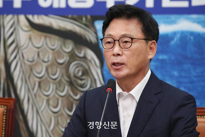 박광온 더불어민주당 원내대표가 지난 12일 국회에서 열린 최고위원회의에서 모두발언을 하고 있다. 성동훈 기자