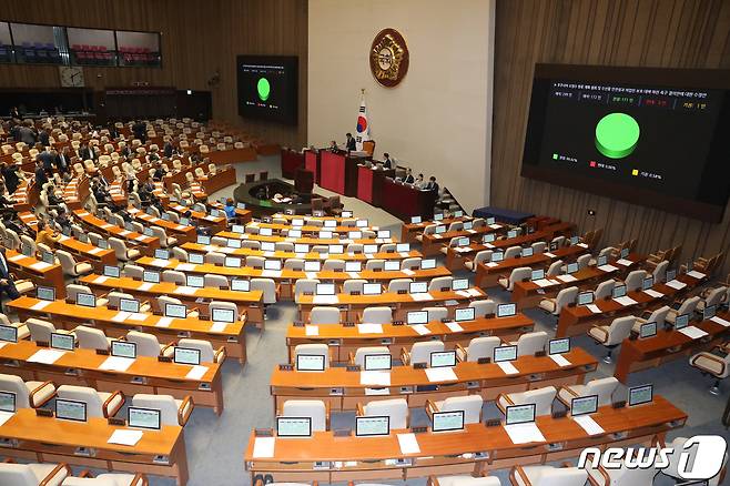 30일 오후 서울 여의도 국회에서 열린 제407회 국회(임시회) 제7차 본회의에서 '후쿠시마 오염수 방류 계획 철회 결의안'이 국민의힘 의원들이 불참한 채 통과되고 있다. 2023.6.30/뉴스1 ⓒ News1 송원영 기자