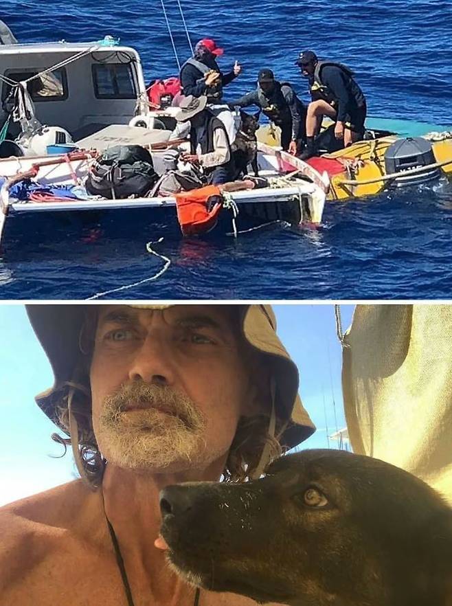 태평양에서 2달동안 표류하다가 구출된 팀 섀독(51)과 그의 반려견 벨라 @RobRobbEdwards 트위터 캡처
