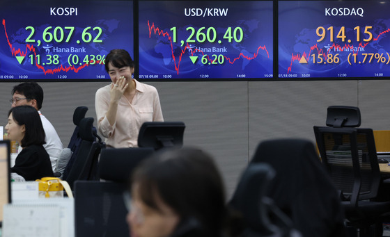 Screens in Hana Bank's trading room in central Seoul show stock and foreign exchange markets close on Tuesday. [YONHAP]