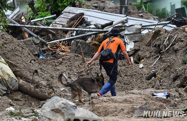 18일 오후 경북 예천군 감천면 벌말리에서 119 구조대원이 인명구조견과 함께 실종자 수색작업을 벌이고 있다.