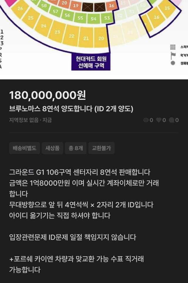 한 중고거래 사이트에 가수 브루노 마스 내한 공연 티켓 8장을 1억8,000만 원에 팔거나 외제차 한 대와 교환하겠다는 글이 올라와 논란이 됐다. 온라인 커뮤니티 캡처