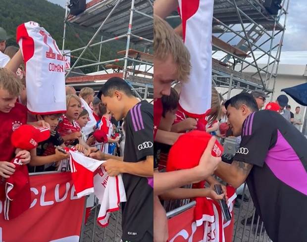 김민재(오른쪽)가 팬들에게 사인을 해주고 있다. /사진=바이에른 뮌헨 공식 SNS 영상 갈무리