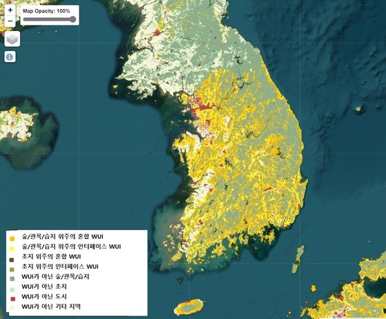 한반도의 야생-도시 경계 지역(WUI) 지도. [자료: Nature, 2023]