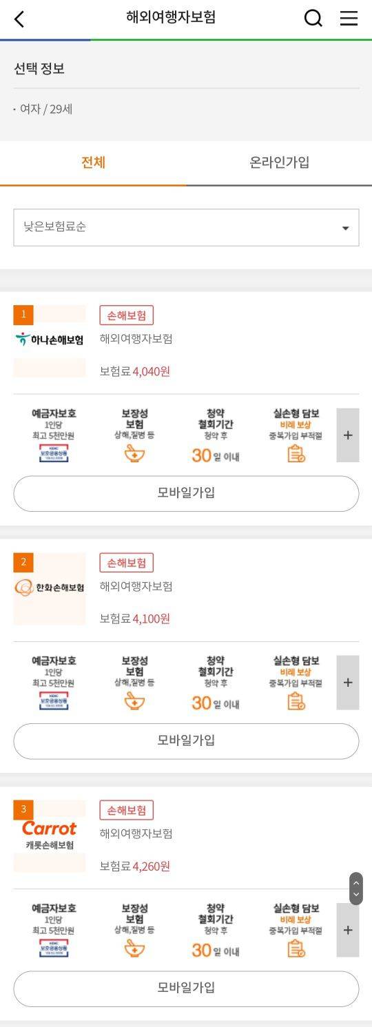 보험다모아에서 보험나이 29세 여성 기준으로 해외 여행자보험을 비교한 결과. /홈페이지 캡처