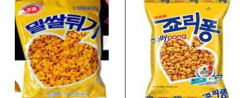 북한의 '밀쌀튀기' 과자와 한국의 죠리퐁. 포장 디자인이 거의 비슷하다. 통일과나눔 제공