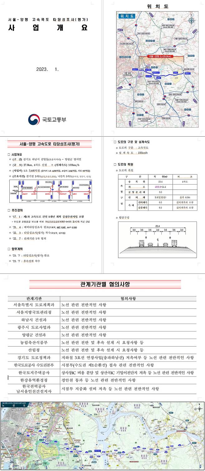 올해 1월 국토교통부가 작성한 공문에 포함된 6쪽 분량의 붙임 자료. 2쪽과 6쪽에 두 장의 사진이 실렸는데, 여기에 강상면으로 종점을 바꾸는 위치도와 노선도가 실렸다.