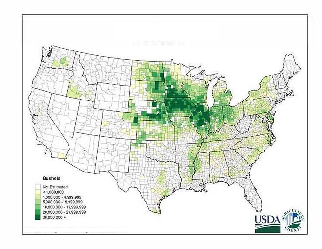 미국 각주가 생산한 곡물용 옥수수 생산량. /미 농무부