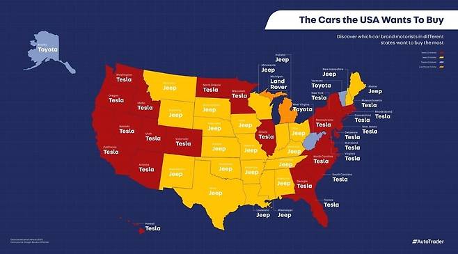 지난해 전 미국 시장에서 자동차 구매 의향을 가진 소비자의 주별 구글 검색 1위 브랜드를 표시한 지도. 빨간색이 테슬라다. /자료=autotrader