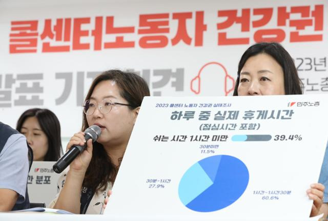 26일 오전 서울 중구 민주노총에서 열린 '2023년 콜센터노동자 건강권 실태조사' 결과 발표 기자회견에서 18년 차 콜센터 노동자인 김현주(왼쪽) 공공운수노조 대전지역일반지부 수석부지부장이 발언하고 있다. 뉴시스