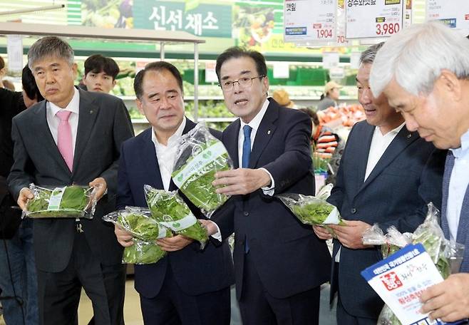 농협은 최근 기습적인 폭우로 인한 수급불안 농축산물을 대상으로 특별할인(한우고기 최대 60%, 채소류 6종 최대 43%)을 실시한다. 26일 하나로마트 양제점에서 진행한 특별할인행사에서 이성희 농협중앙회장(가운데)이 신영호 농협유통 대표의 안내로 채소코너를 순람하고 있다.