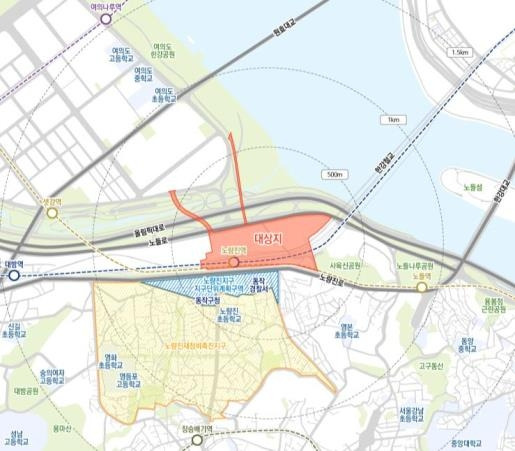 서울 동작구 노량진동의 한강철교 남단 저이용부지 일대 지구단위계획 위치도. 서울시 제공