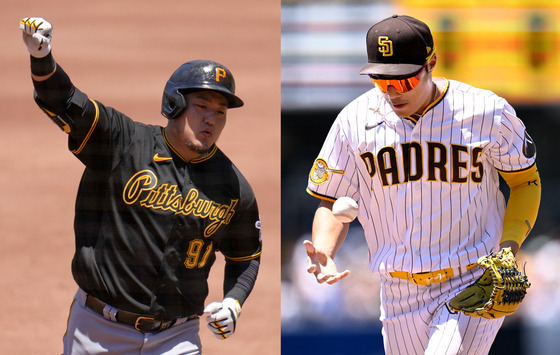 Left; Choi Ji-man of the Pittsburgh Pirates celebrates after hitting a home-run in the second inning of a game against the San Diego Padres in San Diego on Wednesday. Right; Kim Ha-seong tosses a ball during the third inning of the same game. Choi and Kim faced off Tuesday in a rare big league Korean derby, with Choi and the Pirates coming out on top with a tight 3-2 victory.  [USA TODAY; AP/YONHAP]