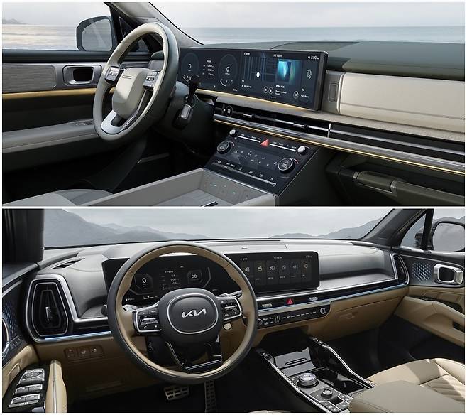 현대차 ‘디 올 뉴 싼타페’ 실내(위), 기아 ‘더 뉴 쏘렌토’ 실내. [현대차·기아 제공]