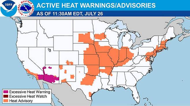 미 기상청(NWS) 폭염 특보 발령 현황 (사진=NWS 페이스북 게시물, 연합뉴스)