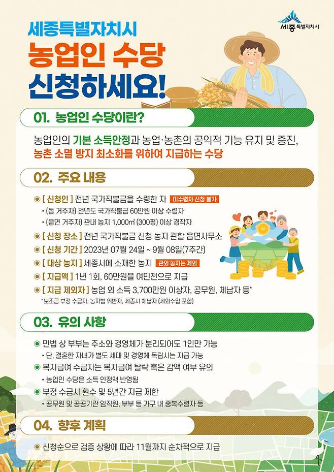 세종시 농업인 수당 접수 홍보 포스터. 사진=세종시청 제공 *재판매 및 DB 금지