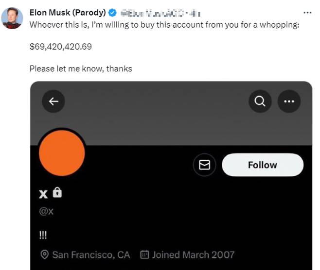 일론 머스크를 사칭하는 가짜 계정에서 @X 계정을 거액에 인수한다는 루머 게시글. X 캡처