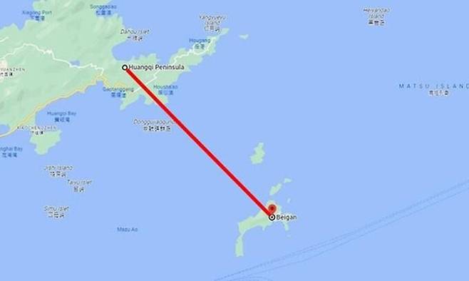 중국 푸젠성 황치반도에서 대만 외곽섬 베이간다오까지 직선 거리를 표시한 구글 지도. 구글 지도 캡처