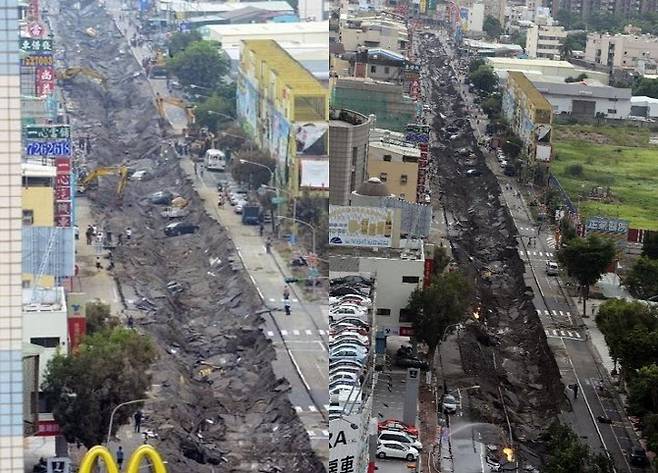 2014년 8월 1일 대만 가오슝 첸전구에서 일어난 가스 폭발 사고 당시 모습. (사진=트위터 캡처)